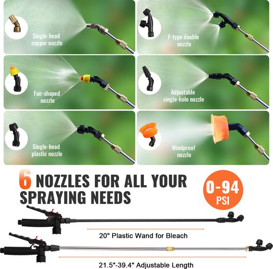Zes sproeikoppen: koperen, F-type dubbele, ventilatorvormige, instelbare enkelvoudige, plastic, winddichte sproeiers. 20" plastic lans, 0-94 PSI.