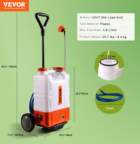 Witte en oranje VEVOR sproeier met wielen, telescopische handgreep, slang en afmetingen.