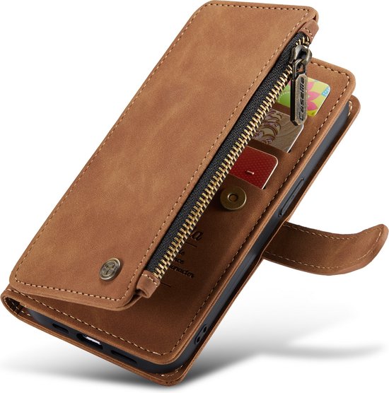 Gesloten bruin portemonnee hoesje voor iPhone met rits en drukknoopsluiting.