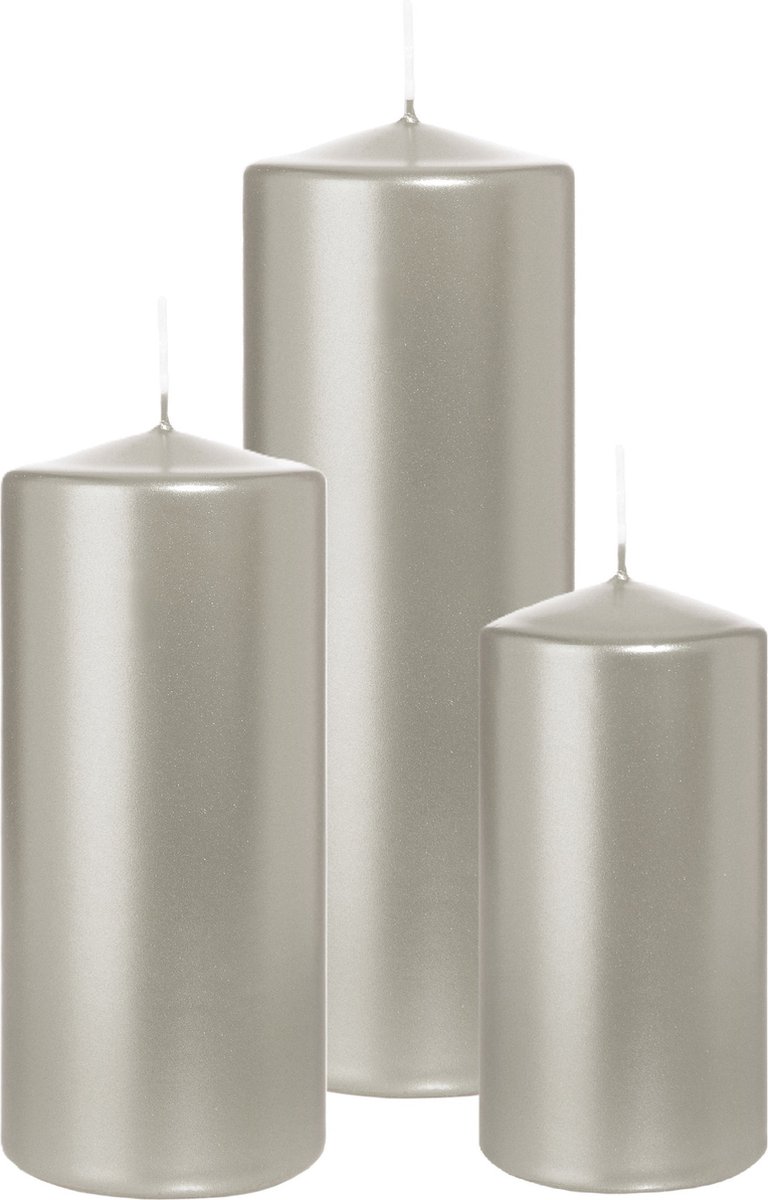 Wiedemann Cilinderkaarsen/stompkaarsen - set van 3 - metallic zilver - 6x12/7x15/7x20 cm
