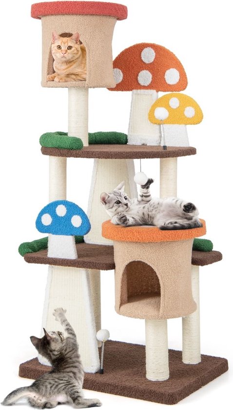 Krabton: COSTWAY Krabpaal Van Hout, 148 Cm , Kattenboom Met Kattenmand Sisal Krabpalen Kussens Mand Tapijt Touw En Platforms Modern Grote Kattenkrabpaal Voor Katten Naturel Wit