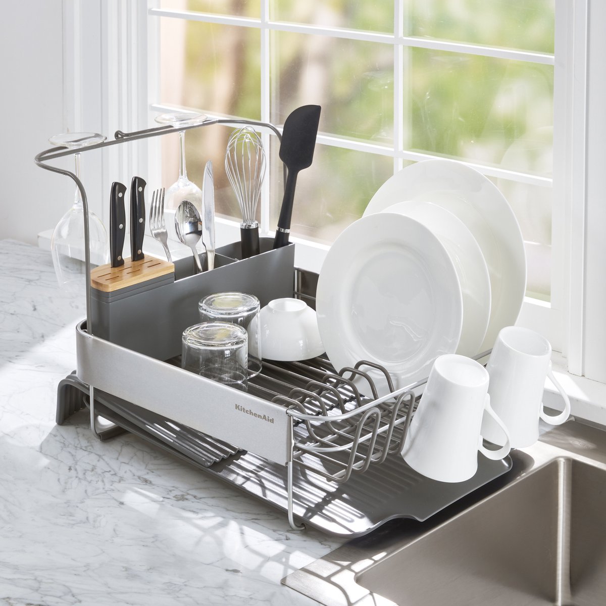 Goedkoopste KitchenAid Afdruiprek - Afwasrek met Lekbak en Bestekhouder - 304 RVS - Bestekhouder - Afdruiprek voor afwas - Vaatwasrek - Keukenrek - Zilver