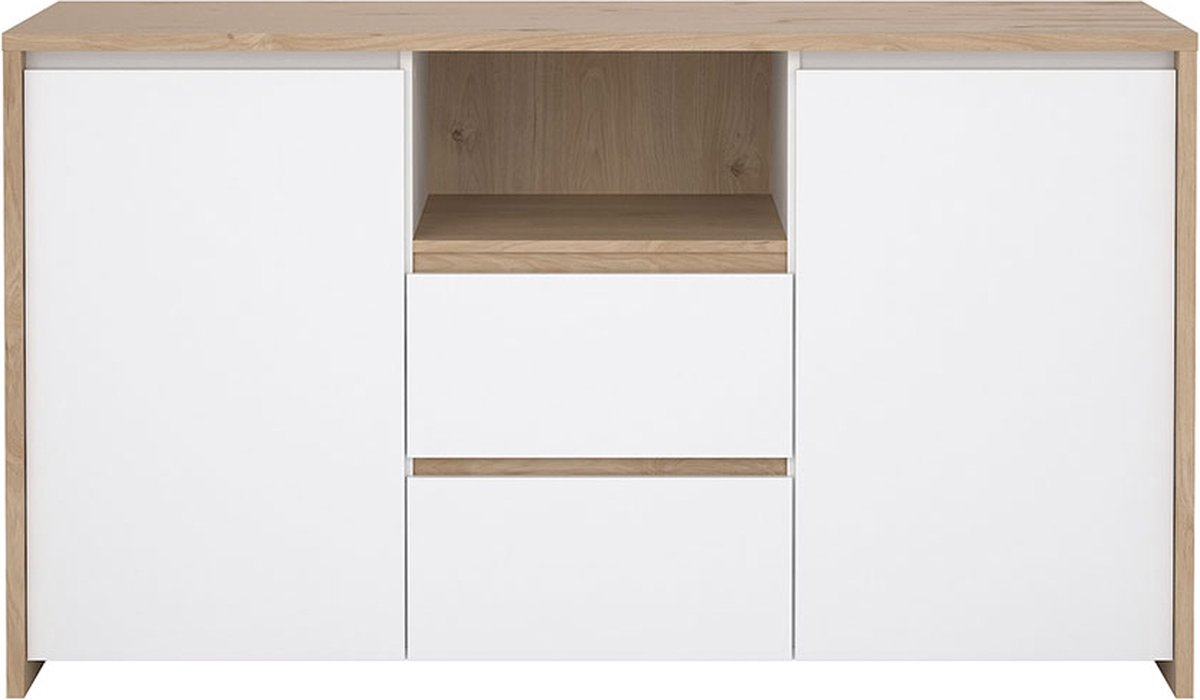 Tvilum Next dressoir 2 deuren, 2 lades, 1 plank eiken decor, wit hoogglans.