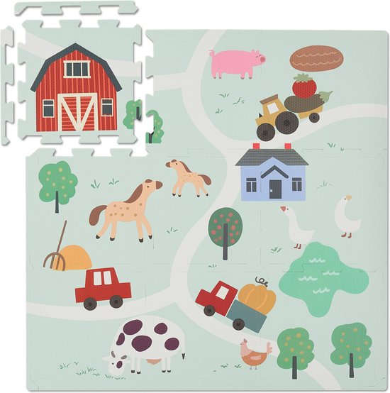 Relaxdays puzzelmat baby - boerderij - 9 tegels - met rand - foam - afwasbaar