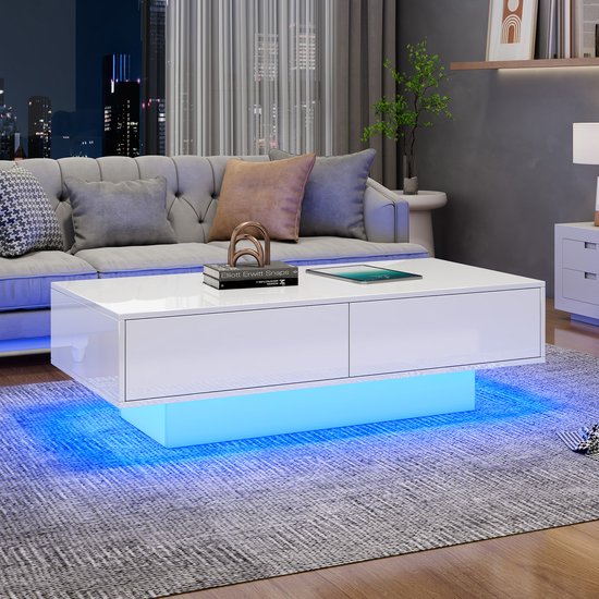 Sweiko Table basse brillante, 115 x 55 x 34 cm, avec 2 tiroirs, éclairage LED et capacité de charge 30 kg, blanc