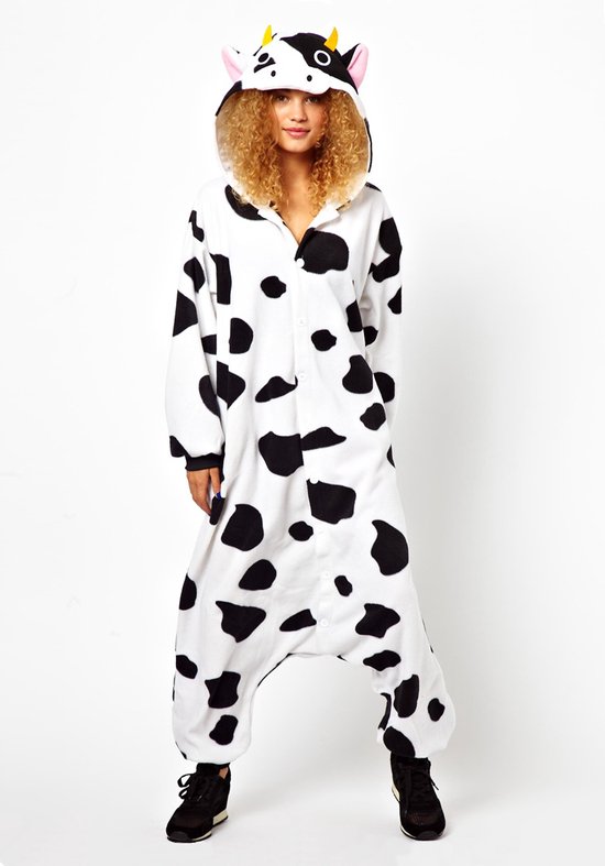 KIMU Onesie Koe Pak - Maat L-XL - Koeienpak Kostuum Zwart Wit Gevlekt Rund - Zacht Fleece Huispak Dierenpak Jumpsuit Pyjama Dames Heren Halloween