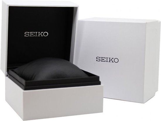 Open witte SEIKO horlogedoos met zwarte binnenzijde en kussen.
