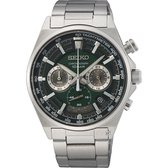 Seiko horloge met groene wijzerplaat, zilverkleurige band en tachymeter.