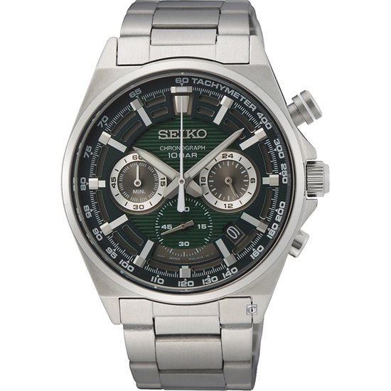 Seiko horloge met groene wijzerplaat, zilverkleurige band en tachymeter.