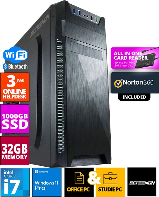ScreenON - Intel Core i7 - 1TB M.2 SSD - 32GB RAM - RTX 3050 - Allround Office PC - Inclusief Norton 360 & USB SD Card Reader + WiFi & Bluetooth