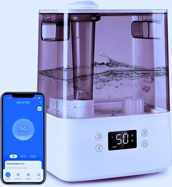 Ultrasone Luchtbevochtiger 6L Met WiFi - Alexa & App Bediening – Stil 28 dB - Auto- En Slaapmodus - 60 Uur Bevochtiging Voor Kinderkamer En Slaapkamer tot 47 m² - Grijs