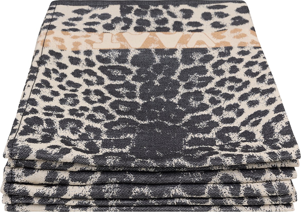 Set theedoeken I love leopard - black / sand met lurex bies - 50 x 70 cm (6 stuks)