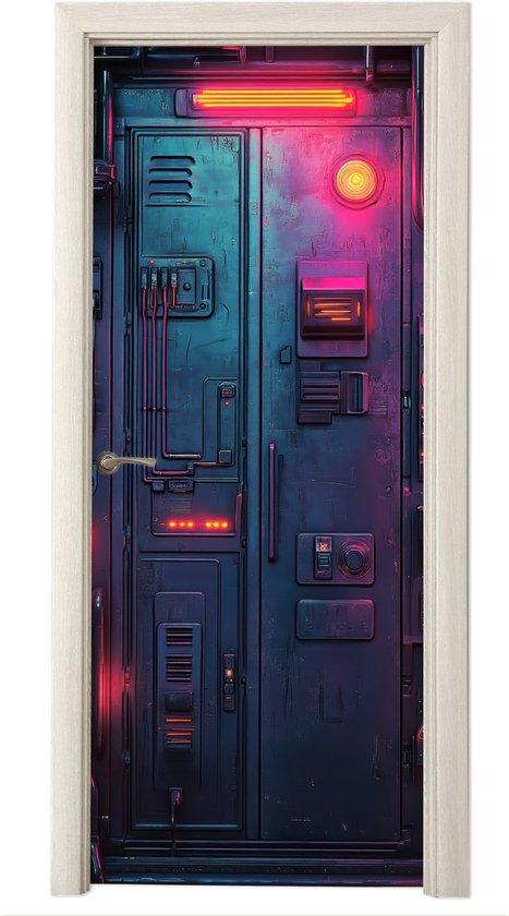 Deurposter 80x205 cm - Deursticker Deur - Futuristisch - Blauw - Roze - Neon - Meubelfolie zelfklevend - Deurfolie woonkamer - Interieurfolie tienerkamer - Kamer decoratie tieners - Game room accessoires - Jongens gaming kinderkamer - Gameroom