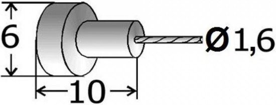 Technische tekening met afmetingen: 6mm hoog, 10mm breed, 1,6mm diameter kabel