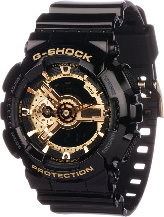 Zwarte G-Shock horloge met gouden details en analoge/digitale wijzerplaat. Zwarte band.