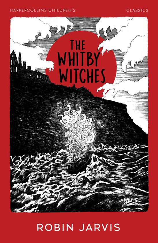 Boekomslag van "The Whitby Witches" met een kasteel op een klif, een rode cirkel met de titel, een boot in woeste golven en rokende rook.