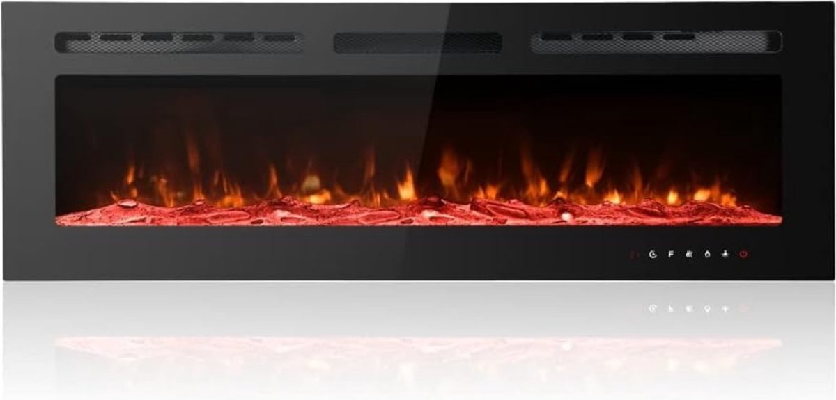 Goedkoopste Ultradunne Elektrische Open Haard - 12 Vlamkleuren - Glazen Touchscreen - Verzonken Wandmontage - Kristal en Houtset - 178x10 cm - Afstandsbediening - Geluidsarm