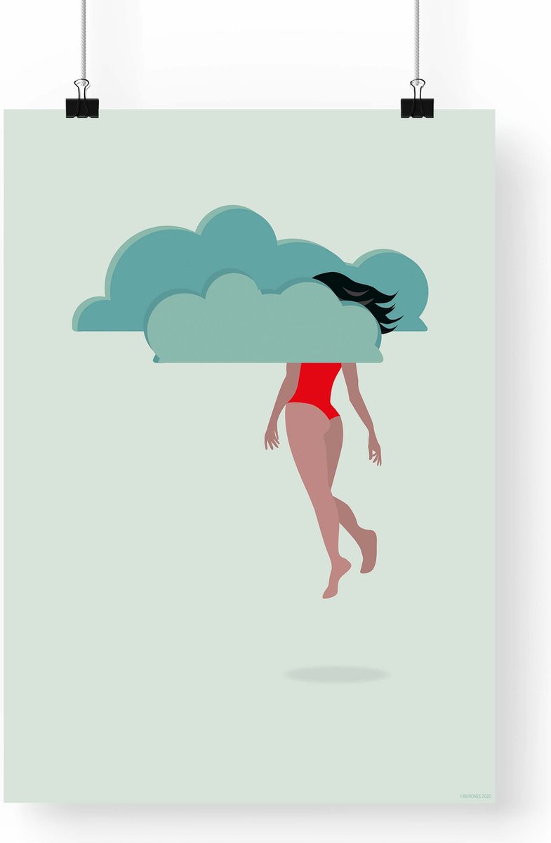 Artprint Dromer - Hoofd in de wolken illustratie in A3 formaat - Poster met dromerig meisje