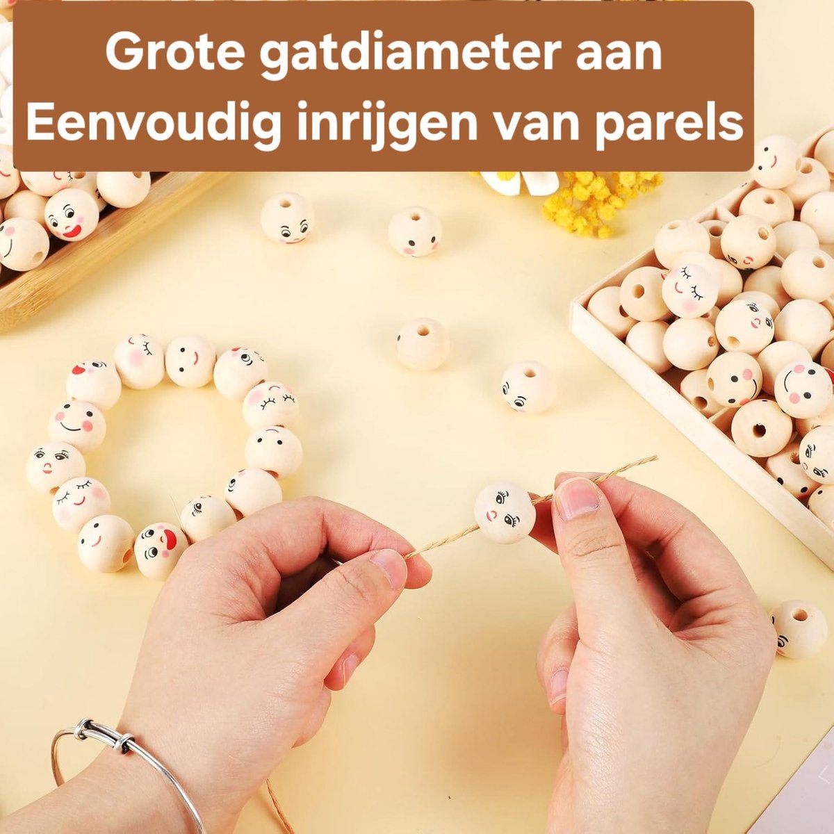 Houten Kralen met Gezichtje 150 Stuks – 20mm DIY Kralenset – Knutselen Kinderen & Volwassenen – Sieraden Maken, Speenkoorden & Decoratie — afbeelding 5