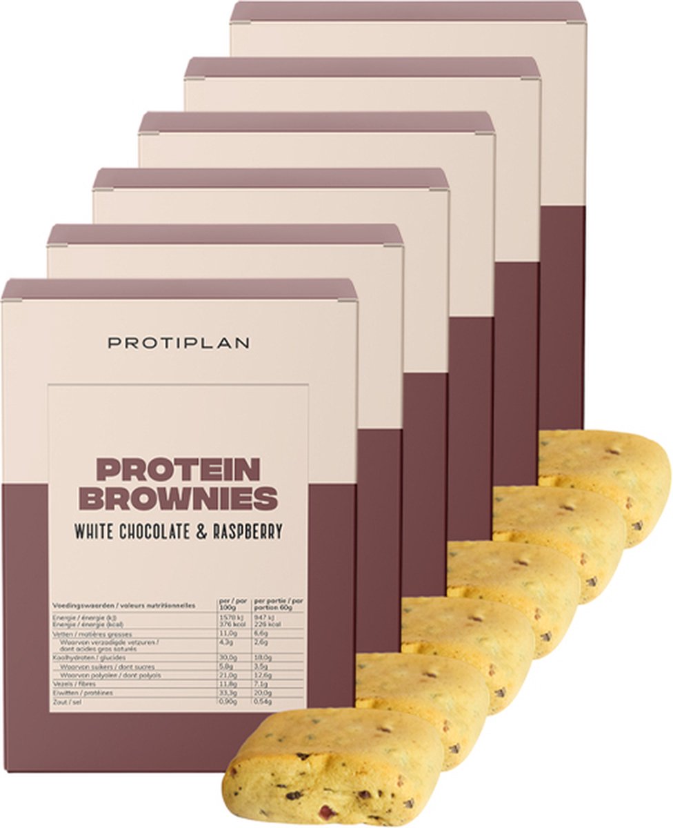 Goedkoopste Protiplan | Brownie Witte Chocolade met Rode Bessen | 6 stuks | 6 x 5 x 60 gram | Low carb snack | Eiwitrepen | Koolhydraatarme sportvoeding | Afslanken met Proteïne repen | Snel afvallen zonder hongergevoel!