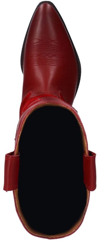 Bovenkant van een rode cowboylaars met suède schacht en leren details.