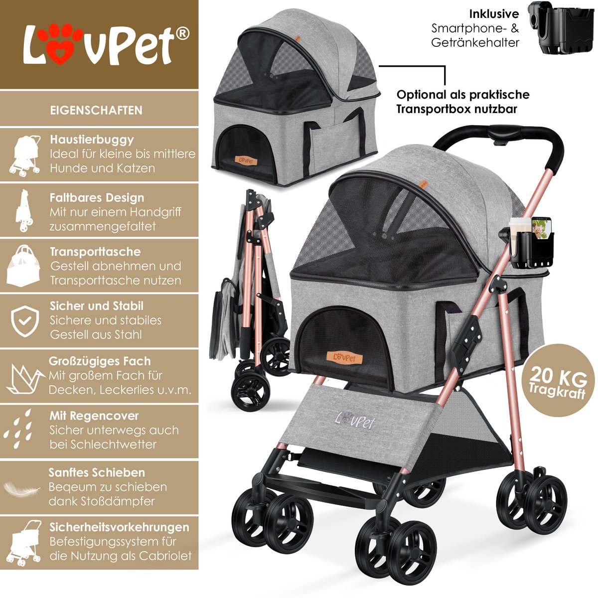 LOVPET® Hondenbuggy 2in1 Huisdieren Wandelwagen Buggy met Transporttas Opvouwbaar tot 20 kg Hondenwandelwagen met Gaasramen & Regenhoes Jogger Kattenbuggy voor Kleine Honden Katten Hondenbox - Lichtgrijs – foto 7