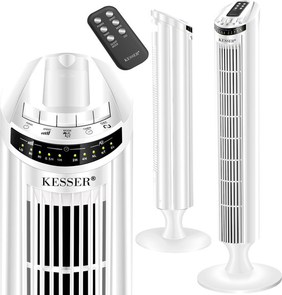 Ventilator toren 90 cm hoog 45W met afstandsbediening, 3 snelheden, timer en 90° oscillatie wit