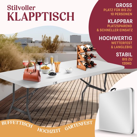 KESSER® Inklapbare Tafel 183x76x74cm Vouwtafel - Campingtafel Kunststof - Klaptafel Geschikt voor 8 Personen voor Tuin, Terras en Balkon inclusief Draaggreep - Wit van KESSER — afbeelding 3