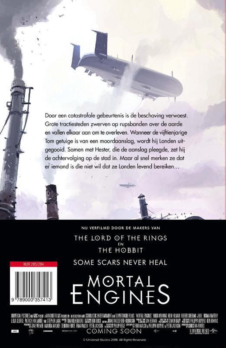 De achterkant van het Mortal Engines boek met een duistere, industriële illustratie van een luchtschip en rokende schoorstenen.
