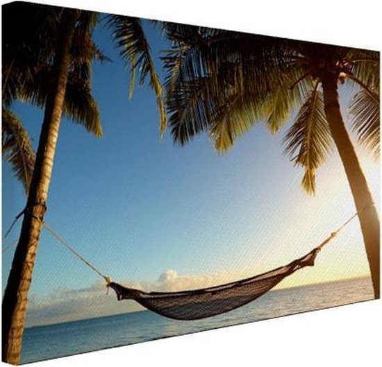 Hamac entre palmiers plage tropicale Toile 30x20 cm - petit - Tirage photo sur toile (Décoration murale salon / chambre) / Mer et plage