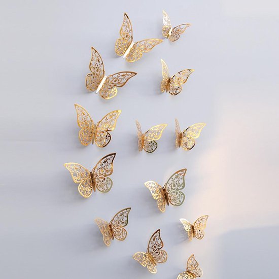 LeuksteWinkeltje muurstickers Vlinders 3D Goud - 12 stuks diverse formaten
