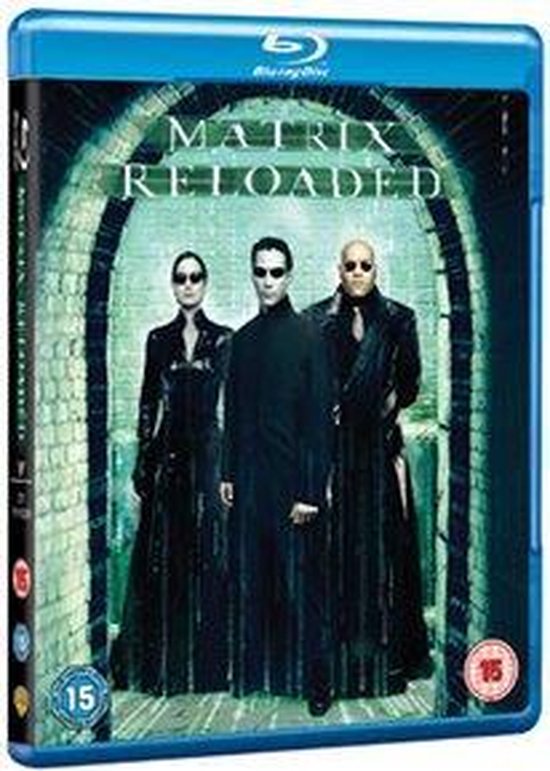 Blu-ray hoes van The Matrix Reloaded met Trinity, Neo en Morpheus in lange zwarte jassen.