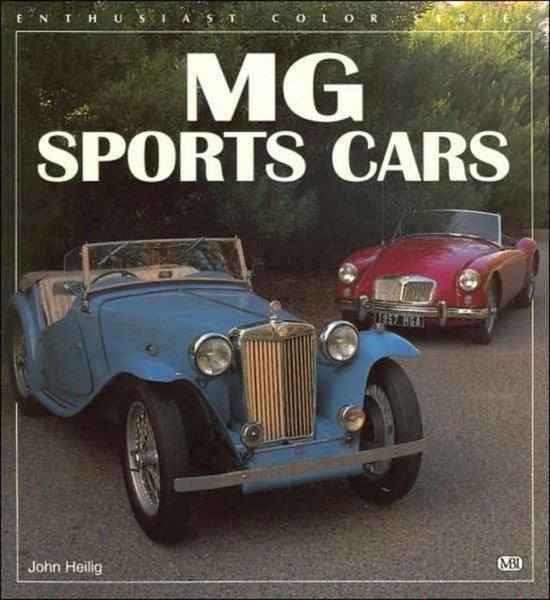 Boekomslag 'MG Sports Cars' met een lichtblauwe oldtimer op de voorgrond en een rode sportwagen op de achtergrond.