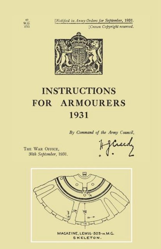 Page de titre avec le texte 'Instructions for Armourers 1931', en bas un dessin schématique d'un 'Magazine, Lewis .303-in.M.G. Skeleton'.