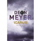 Boekcover van 'Icarus' door Deon Meyer. Een duistere, dramatische lucht met de titel "ICARUS" in gouden letters.