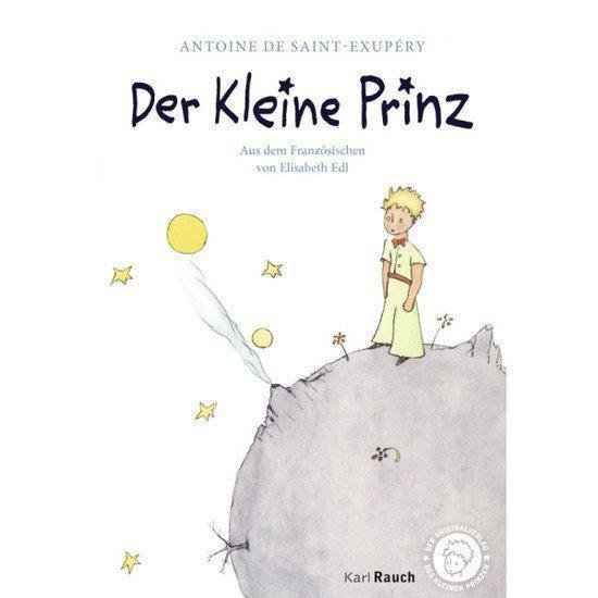 Boek kaft van 'De Kleine Prins' met een illustratie van de Prins op een planeet, met sterren en een zon.