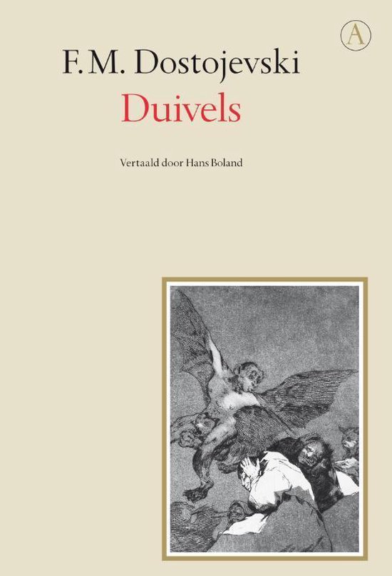 Boek 'Duivels' van F.M. Dostojevski, vertaald door Hans Boland. Met een gravure van vliegende figuren.