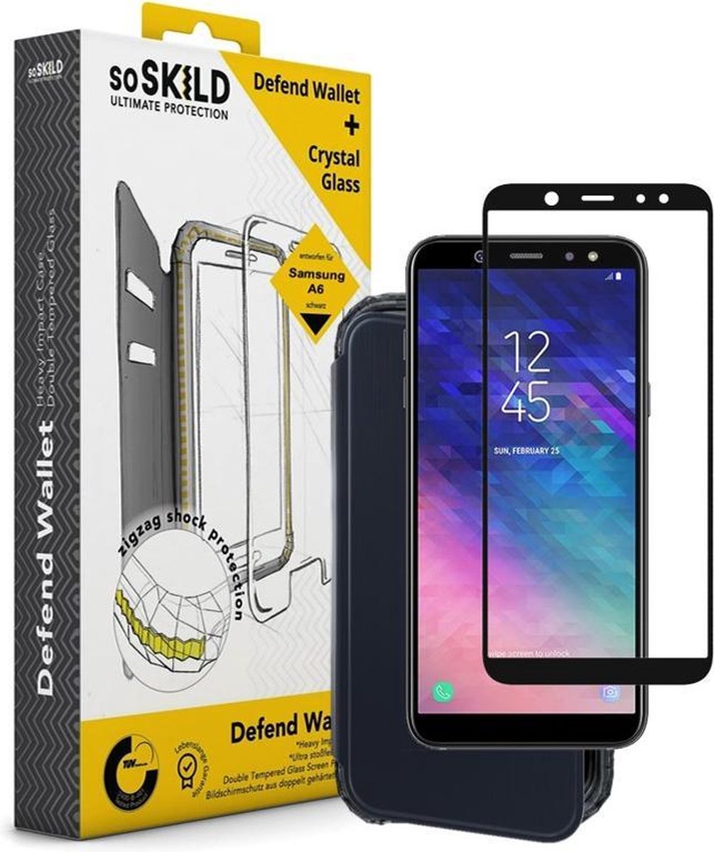 SoSkild Samsung Galaxy A6 Defend Wallet Impact Case Black and Tempered Glass (black)