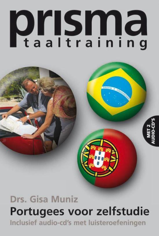 Couverture du livre 'Prisma taaltraining Portugais en auto-apprentissage' avec image d'un couple et drapeaux brésilien et portugais.