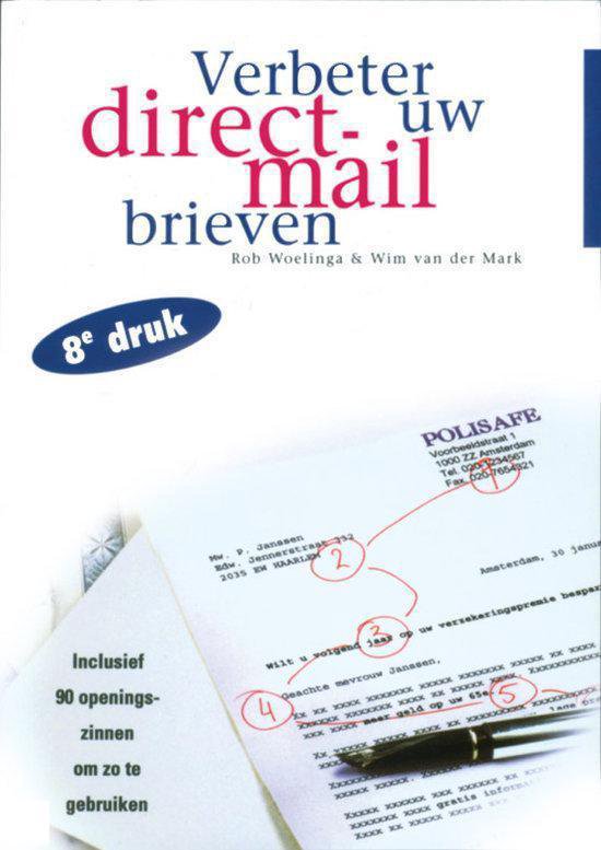 Boek 'Verbeter uw direct-mail brieven' met de tekst '8e druk' en een afbeelding van een brief met correcties.