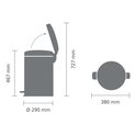 Technische tekening van een zilverkleurige prullenbak met afmetingen: hoogte 727 mm, diameter 290 mm, breedte 380 mm.