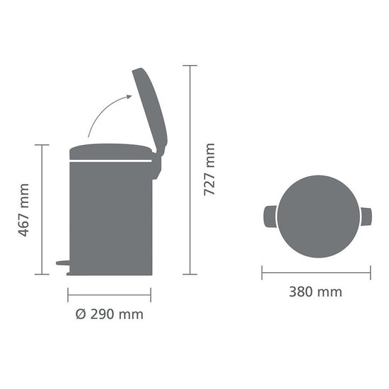 Technische tekening van een zilverkleurige prullenbak met afmetingen: hoogte 727 mm, diameter 290 mm, breedte 380 mm.