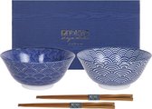 Tokyo Design Studio - Nippon Blue Set van 2 Kommen Ø 15 cm inclusief 2 Paar Chopsticks