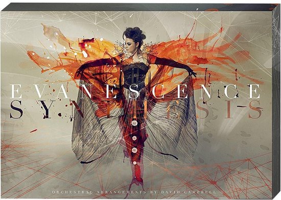 Evanescence Synthesis albumhoes met vrouw in oranje en zwarte jurk, met abstracte oranje verfspatten.