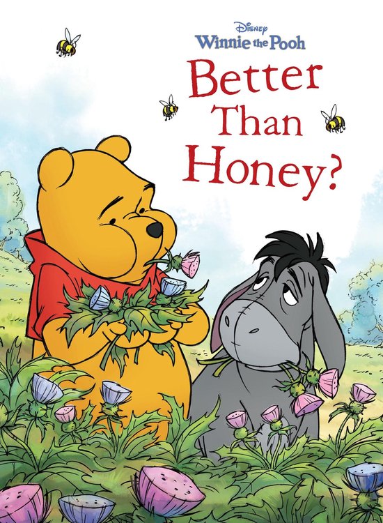 Winnie de Poeh met een bosje bloemen, Eeyore ernaast in een veld.
