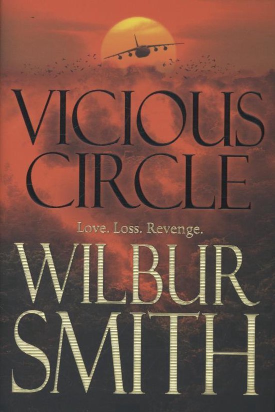 Voorpagina van Vicious Circle door Wilbur Smith, met een vliegtuig en zonsondergang.