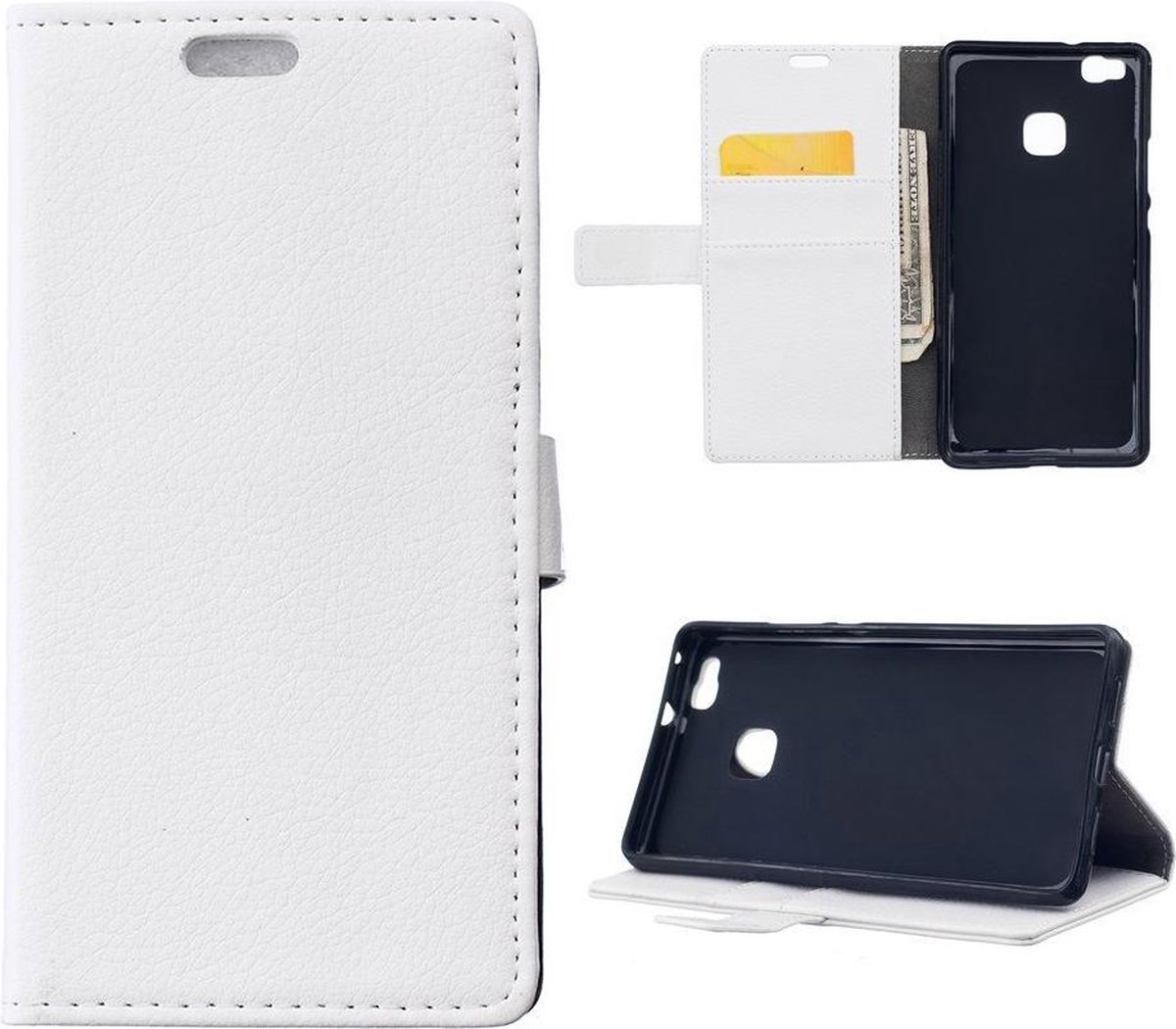 Litchi cover wit wallet case hoesje Geschikt voor: Huawei P9 Plus