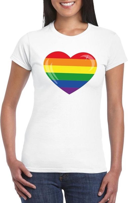 Gay pride t-shirt met Regenboog vlag in hart wit dames XS