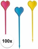 100x hartjes prikkers in verschillende kleuren - kunststof cocktailprikkers