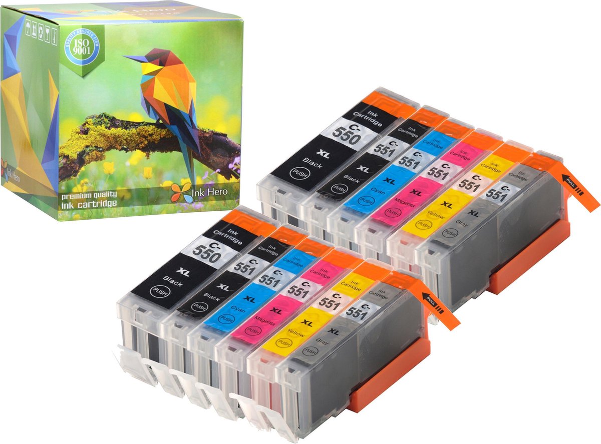 Ink Hero - 12 Pack met grijs - Inktcartridge / Alternatief voor de Canon CLI-551 PGI-550 PIXMA iP8750, MG6300, MG6350, MG7150, MG7550